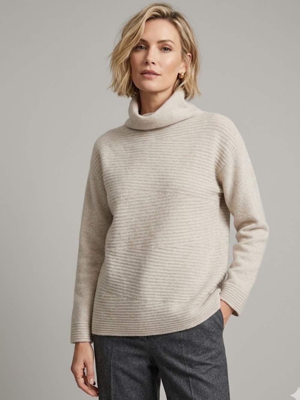 Talbots 100% Cashmere Ribbed Cowl Neck Slouchy Sweater - Beige | Size Medium